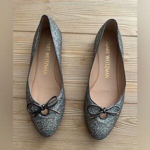 Stuart Weitzman Silver Glitter Ballet Flats Bow Detail Size 8.5